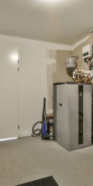 Spacious garage with closed door and white walls with hangers on it