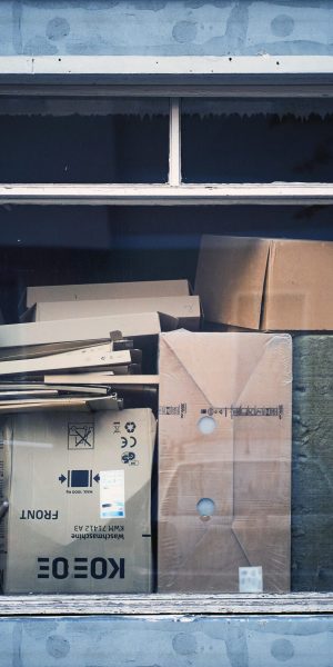 A closeup of the storage room full of boxes