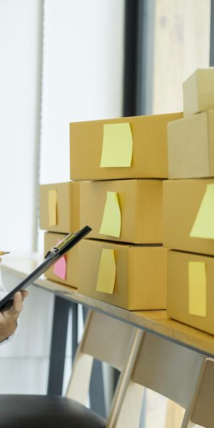 Young businesswoman start up checking inventory in small business.Businesswoman checking inventory in stock room. Store house inspection.