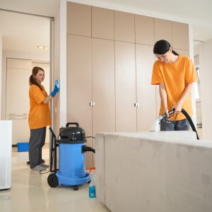 Young ladies from cleaning company do general cleaning in the living room, cleaning sofa and walls